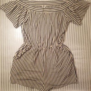 Blue Stripes White OFF Shoulders Romper Forever 21